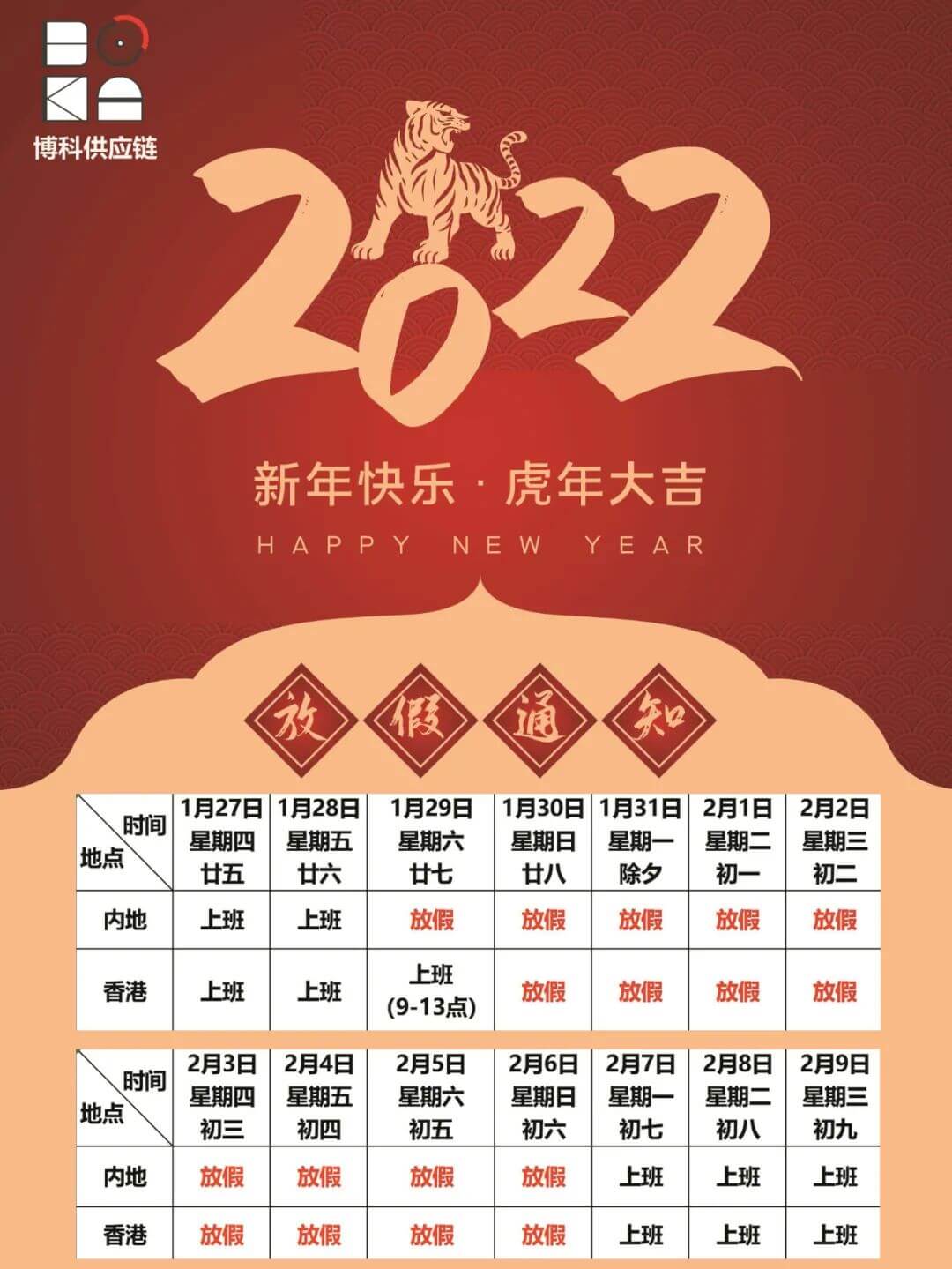 尊龙凯时供应链2022年春节放假通知